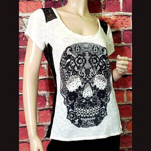 Express Sugar Skull With Black Lace Insets Semi Sheer Top Shirt Blouse Women M